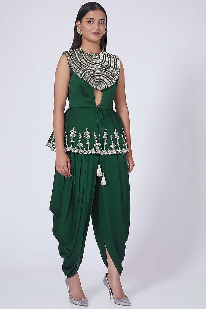 Emerald Green Satin Crepe Dhoti Pant Set by Bhumika Sharma at Pernia's Pop Up Shop
