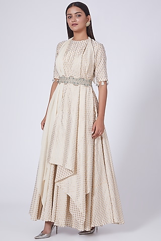 White & Silver Bindu Printed Anarkali Set by Bhumika Sharma