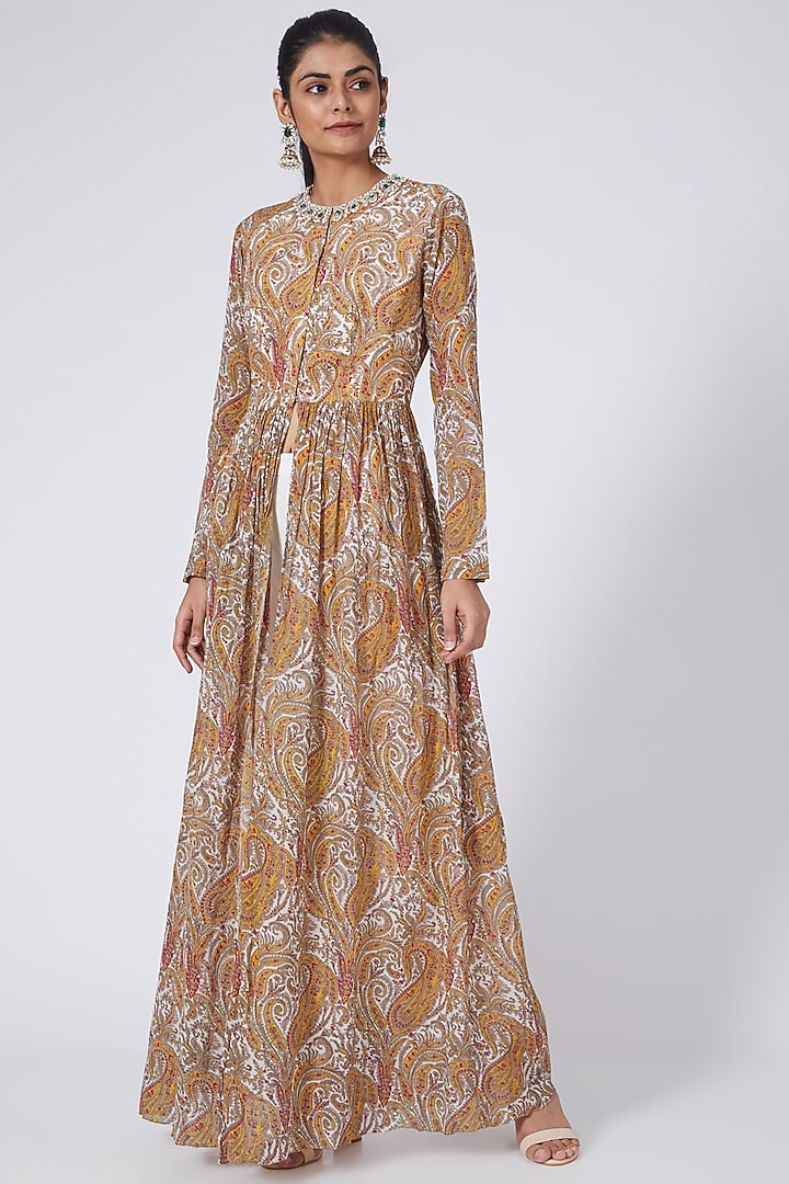 Mustard & White Ambi Jaal Printed Front Open Cape by Bhumika Sharma at Pernia's Pop Up Shop