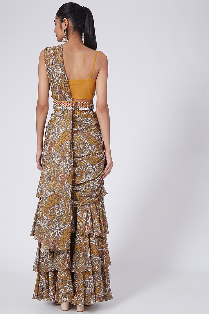 Mustard & Ivory Georgette Ambi Jaal Printed Layered Wedding Saree Set by Bhumika Sharma at Pernia's Pop Up Shop