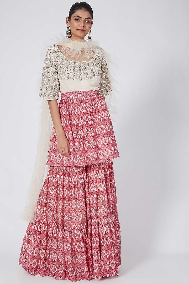 White & Red Moroccan Printed Bridal Sharara Set by Bhumika Sharma at Pernia's Pop Up Shop