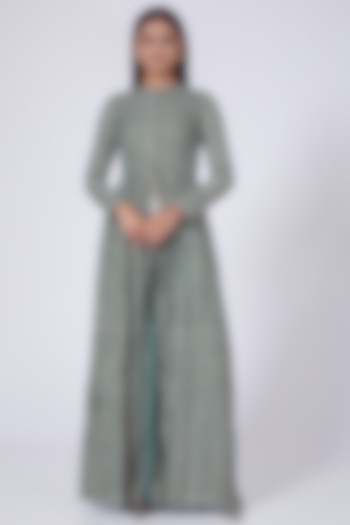 Emerald Green & White Bindu Printed Front Open Cape by Bhumika Sharma at Pernia's Pop Up Shop