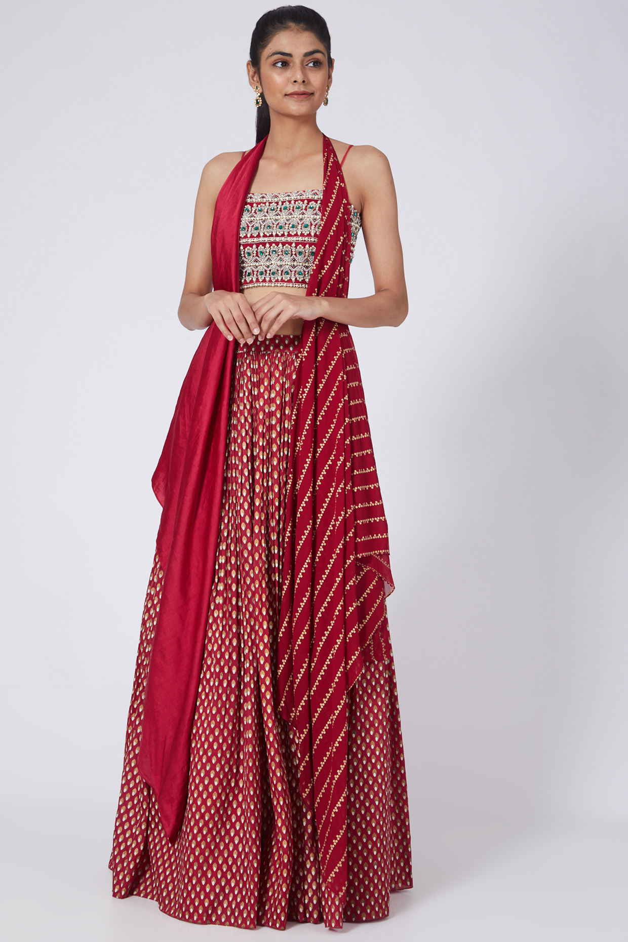 Red & Gold Bindu Printed Cape Set by Bhumika Sharma