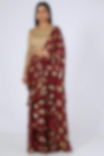 Maroon Foil Ambi Printed Ruffled Saree Set by Bhumika Sharma