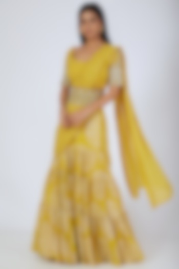 Yellow Printed Pre-Stitched Lehenga Saree Set by Bhumika Sharma