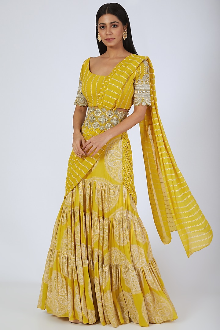 Yellow Printed Pre-Stitched Lehenga Saree Set by Bhumika Sharma