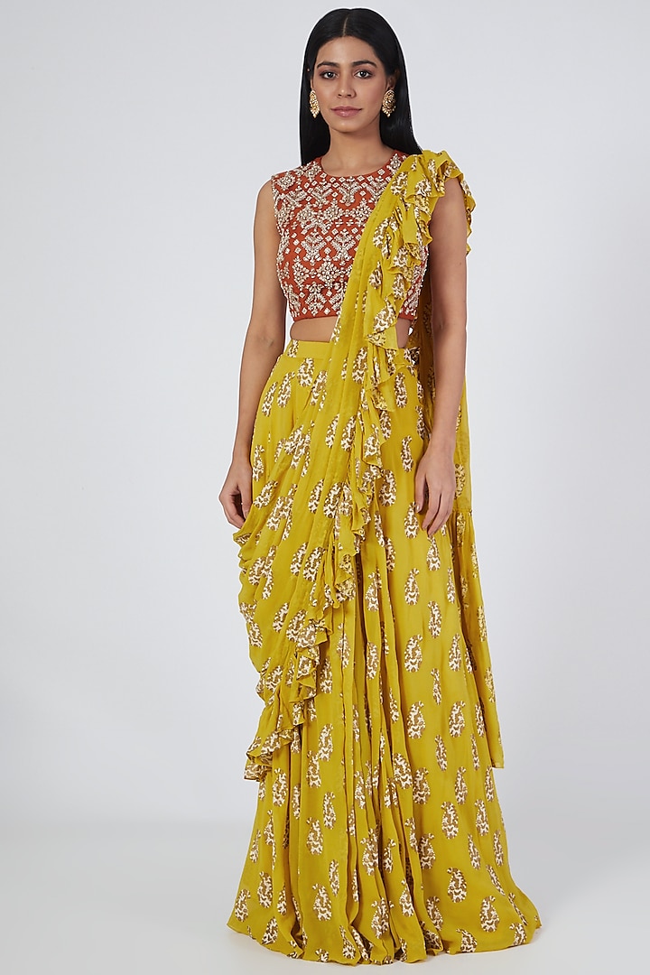 Yellow Ambi Printed Ruffled Saree Set by Bhumika Sharma