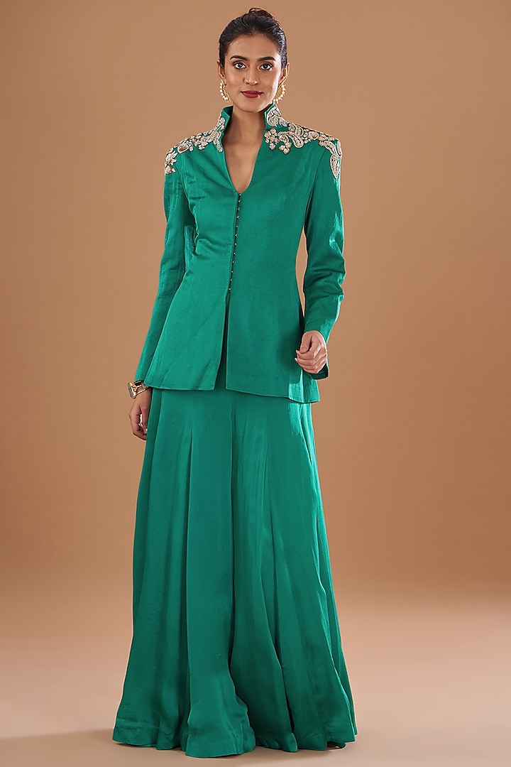 Teal Green Linen Satin & Twill Organza Gharara Set by Bhumika Sharma at Pernia's Pop Up Shop