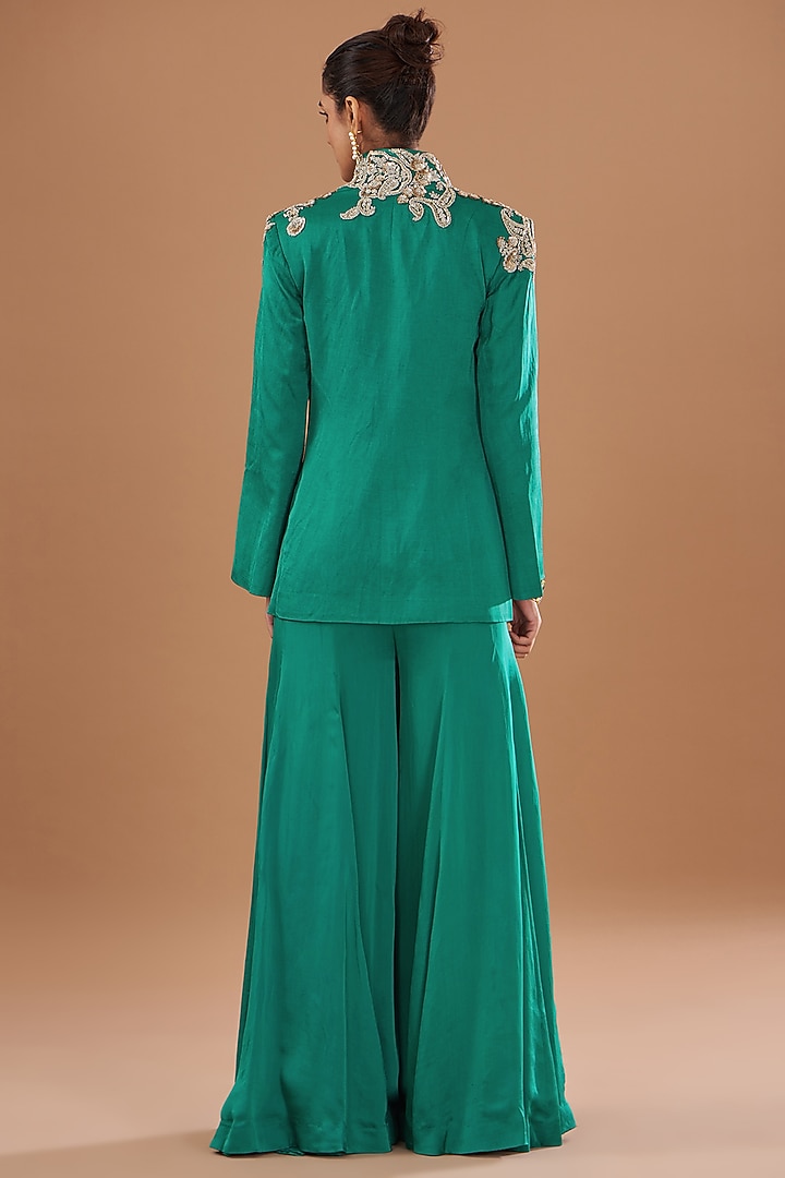 Teal Green Linen Satin & Twill Organza Gharara Set by Bhumika Sharma at Pernia's Pop Up Shop