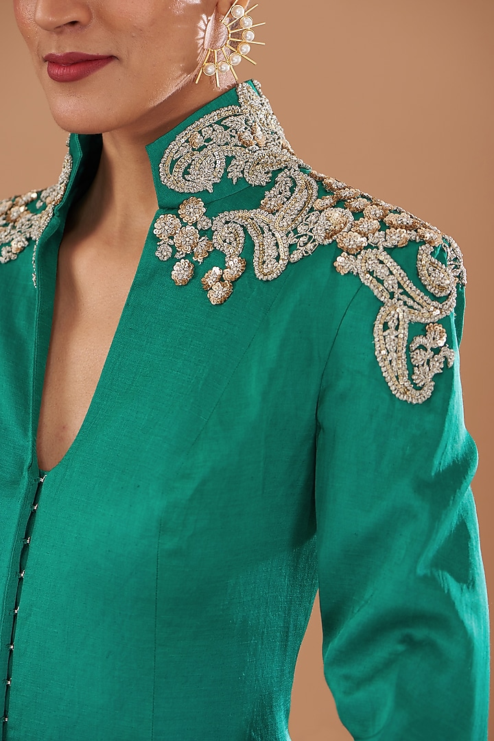 Teal Green Linen Satin & Twill Organza Gharara Set by Bhumika Sharma at Pernia's Pop Up Shop