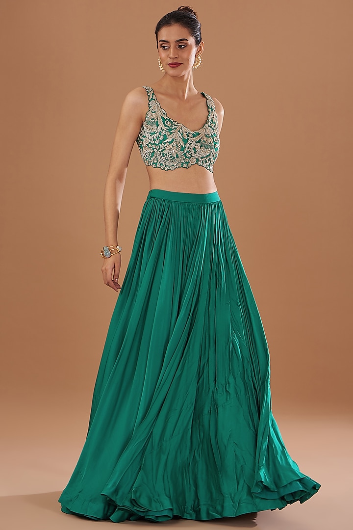 Teal Green Twill Organza Jakcet Wedding Lehenga Set by Bhumika Sharma at Pernia's Pop Up Shop