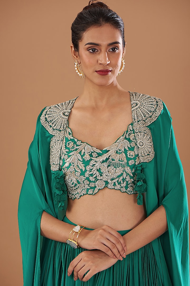 Teal Green Twill Organza Jakcet Wedding Lehenga Set by Bhumika Sharma at Pernia's Pop Up Shop