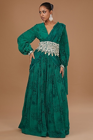 Teal & Black Georgette Blossom Printed Palazzo Saree Set by Bhumika Sharma