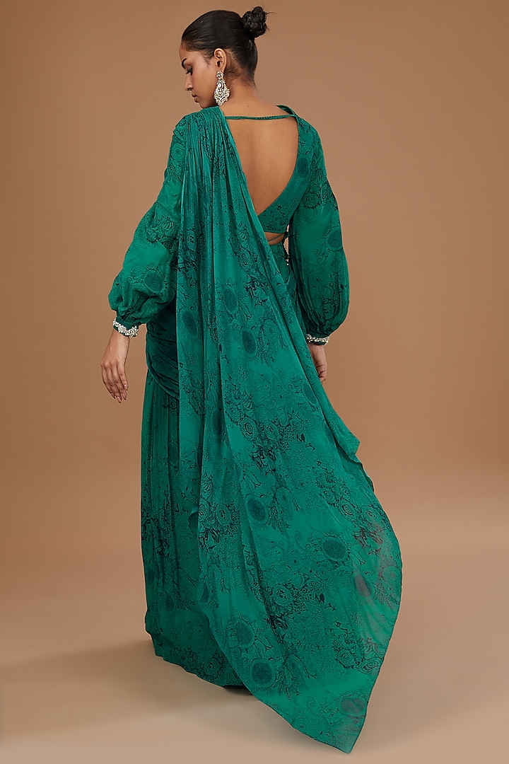 Teal & Black Georgette Blossom Printed Palazzo Wedding Saree Set by Bhumika Sharma at Pernia's Pop Up Shop