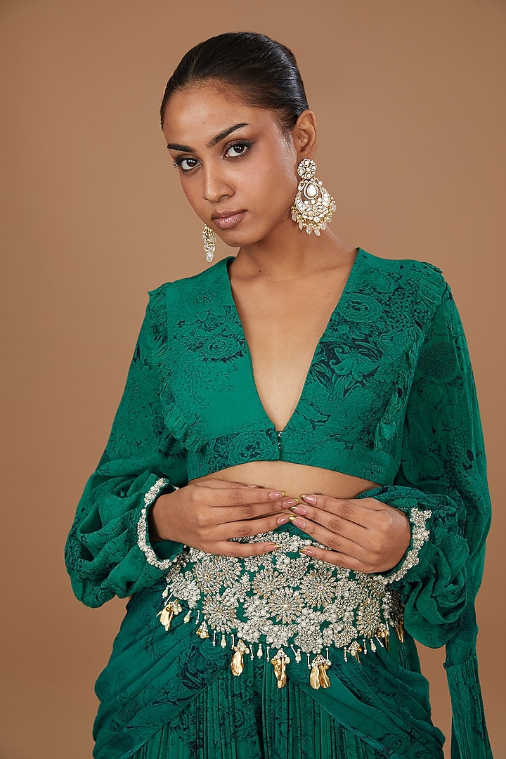 Teal & Black Georgette Blossom Printed Palazzo Wedding Saree Set by Bhumika Sharma at Pernia's Pop Up Shop