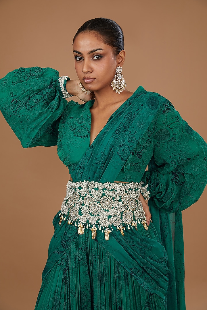 Teal & Black Georgette Blossom Printed Palazzo Wedding Saree Set by Bhumika Sharma at Pernia's Pop Up Shop