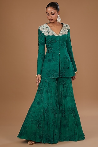 Teal & Black Georgette Blossom Printed Sharara Set by Bhumika Sharma