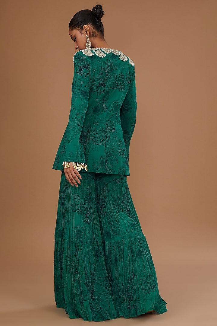 Teal & Black Georgette Blossom Printed Wedding Sharara Set by Bhumika Sharma at Pernia's Pop Up Shop