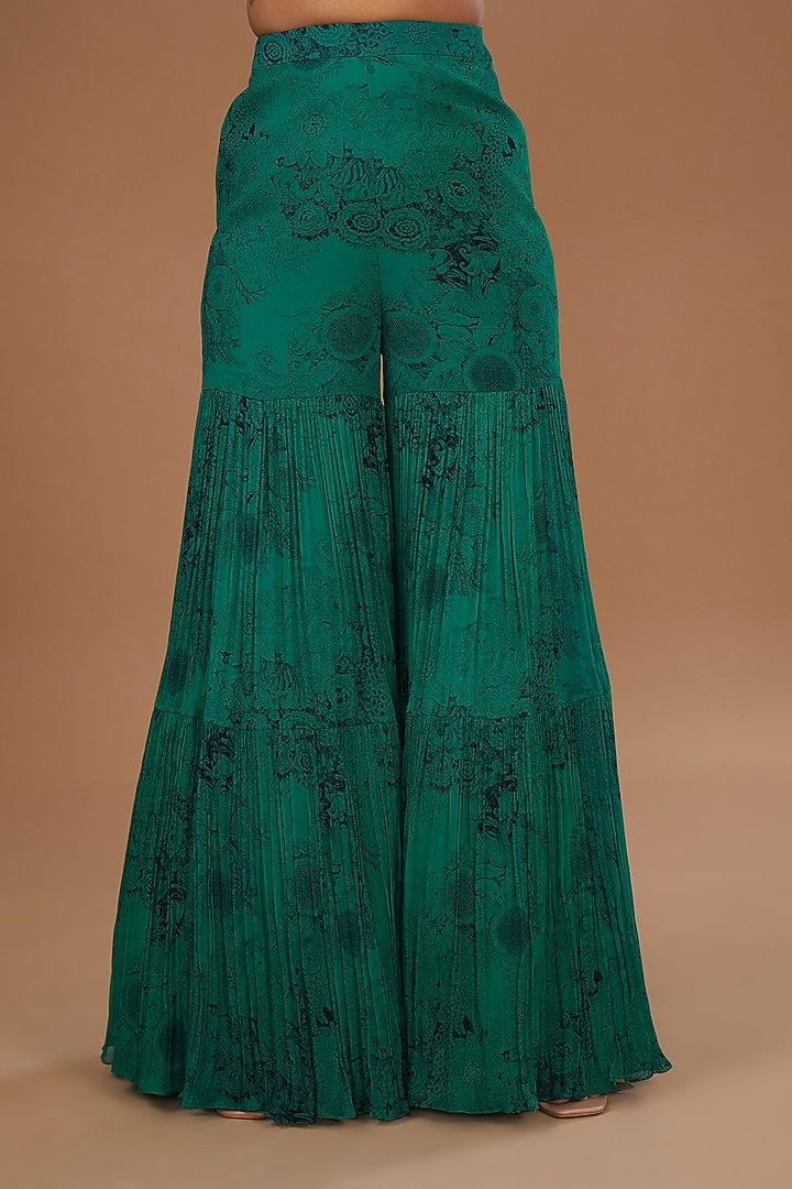 Teal & Black Georgette Blossom Printed Wedding Sharara Set by Bhumika Sharma at Pernia's Pop Up Shop