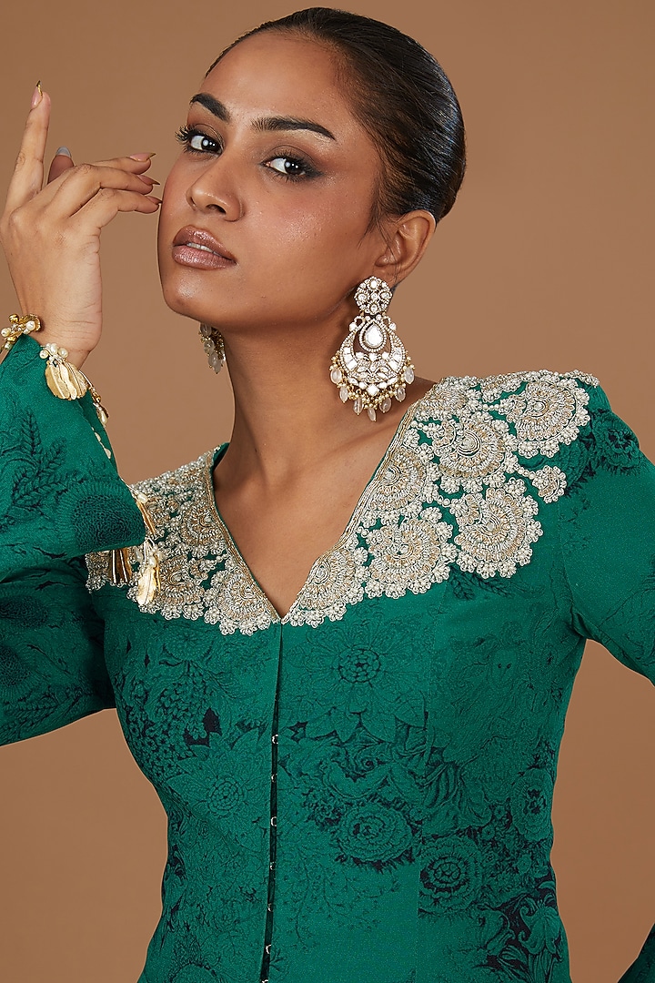 Teal & Black Georgette Blossom Printed Wedding Sharara Set by Bhumika Sharma at Pernia's Pop Up Shop