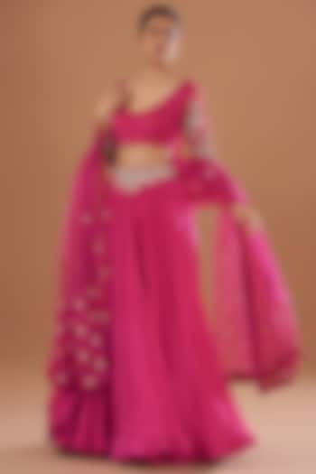 Fuchsia Linen Satin Jaal Embroidered Wedding Lehenga Set by Bhumika Sharma at Pernia's Pop Up Shop