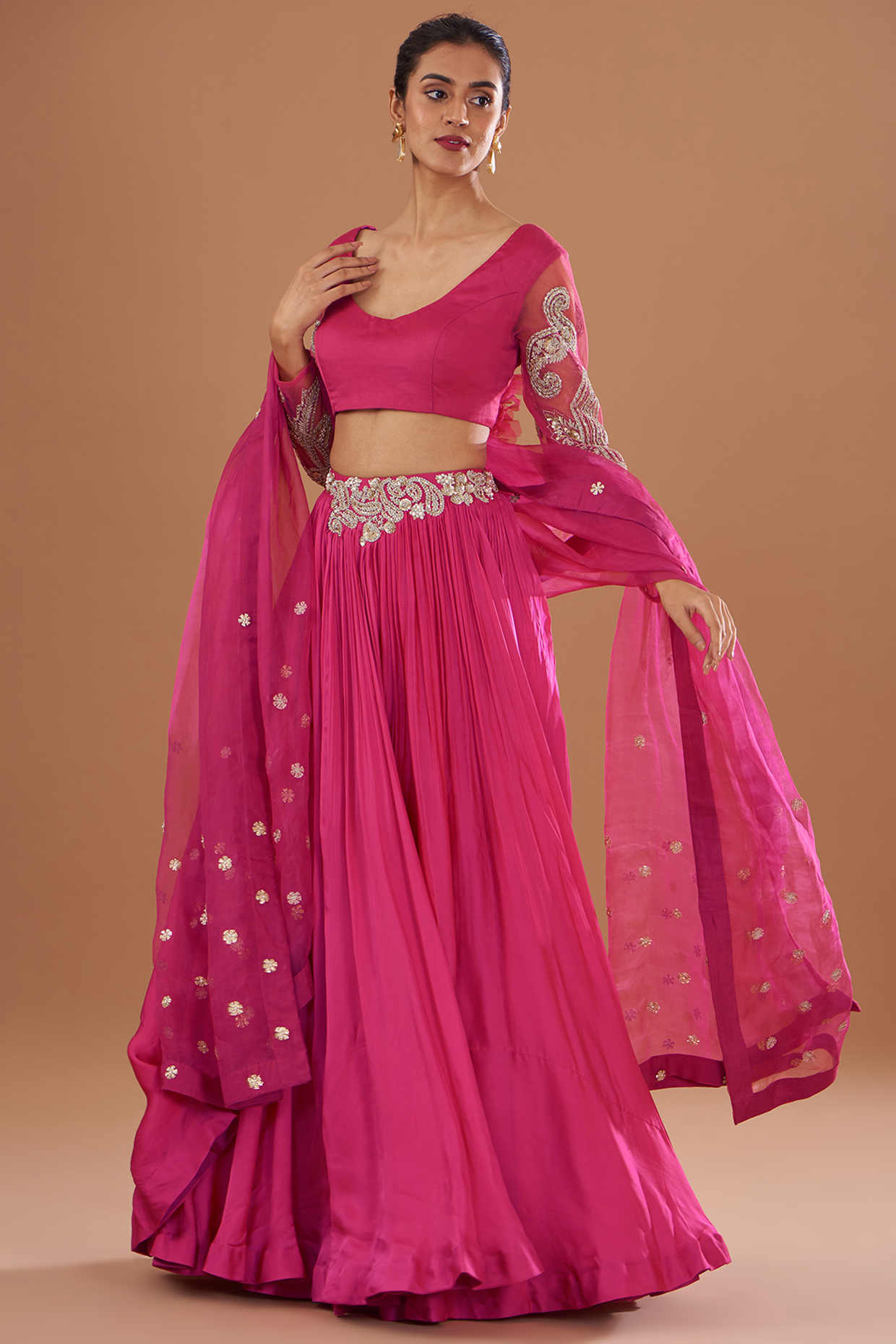 Fuchsia Linen Satin Jaal Embroidered Wedding Lehenga Set by Bhumika Sharma at Pernia's Pop Up Shop