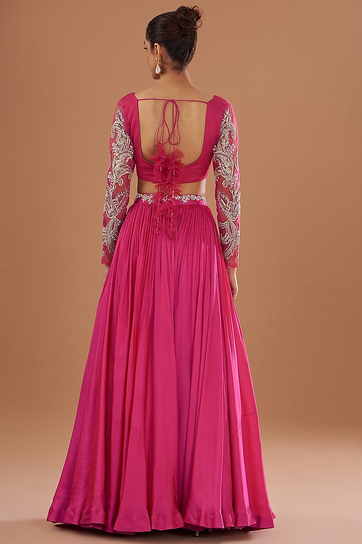 Fuchsia Linen Satin Jaal Embroidered Wedding Lehenga Set by Bhumika Sharma at Pernia's Pop Up Shop