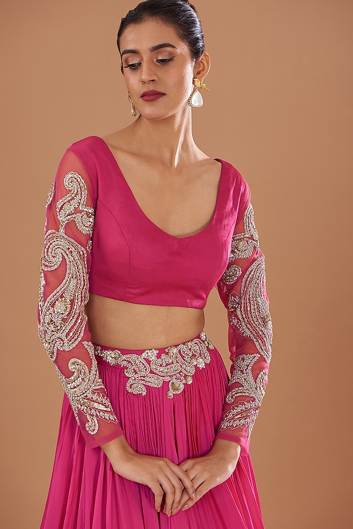 Fuchsia Linen Satin Jaal Embroidered Wedding Lehenga Set by Bhumika Sharma at Pernia's Pop Up Shop