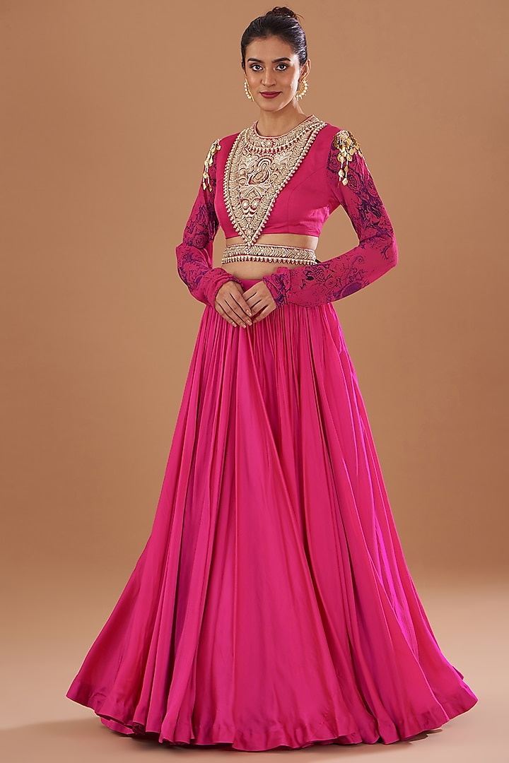 Fuchsia Twill Organza & Georgette Wedding Lehenga Set by Bhumika Sharma at Pernia's Pop Up Shop