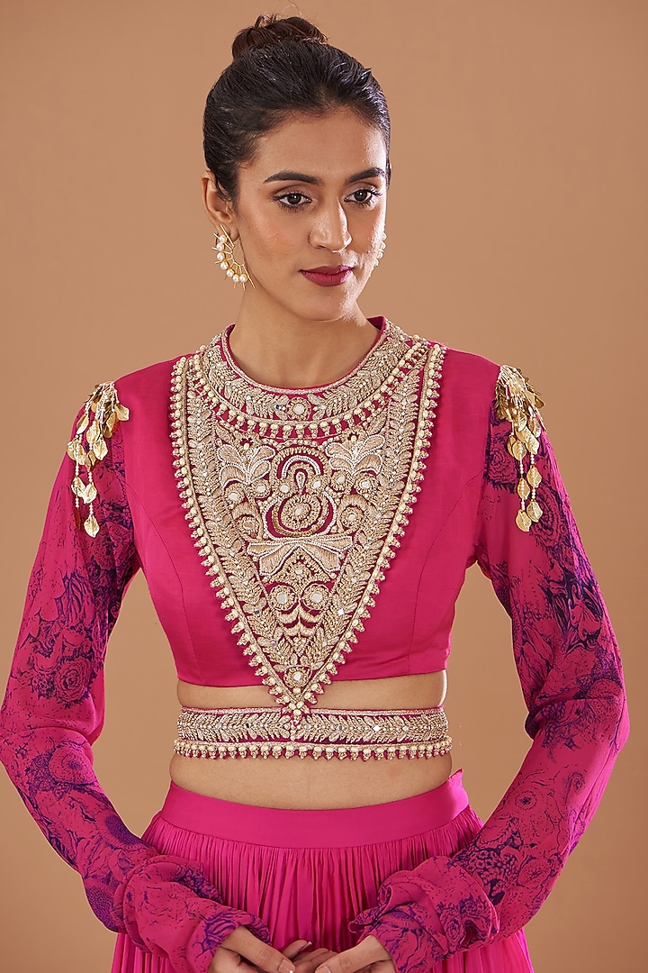 Fuchsia Twill Organza & Georgette Wedding Lehenga Set by Bhumika Sharma at Pernia's Pop Up Shop