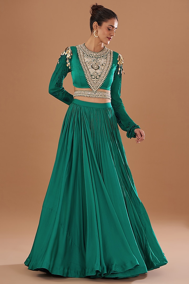 Teal Green Twill Organza & Georgette Wedding Lehenga Set by Bhumika Sharma at Pernia's Pop Up Shop