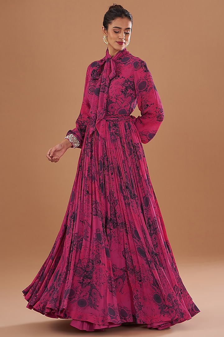 Fuchsia Georgette Printed Gown by Bhumika Sharma at Pernia's Pop Up Shop