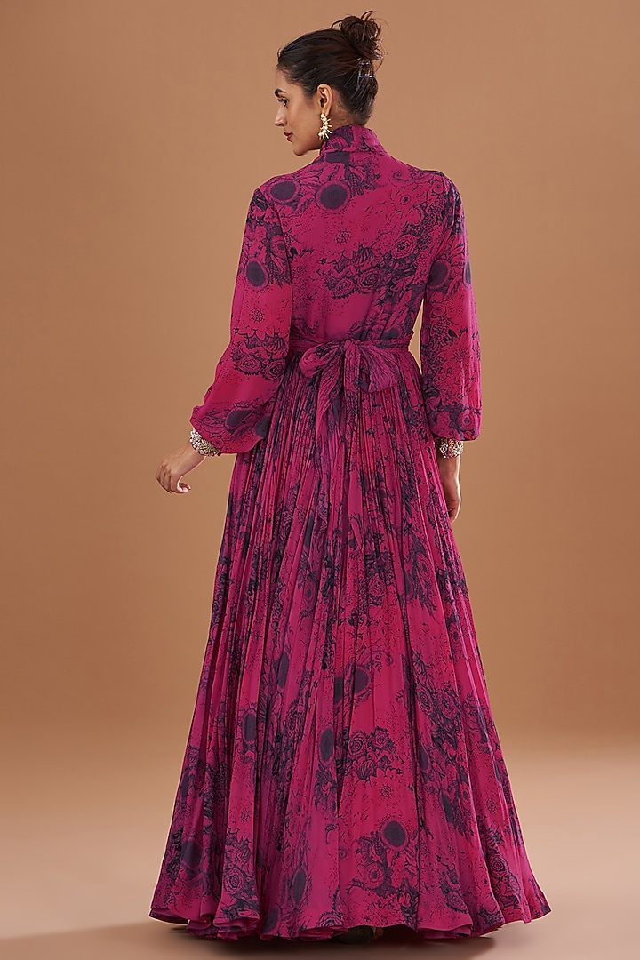 Fuchsia Georgette Printed Engagement Gown by Bhumika Sharma at Pernia's Pop Up Shop