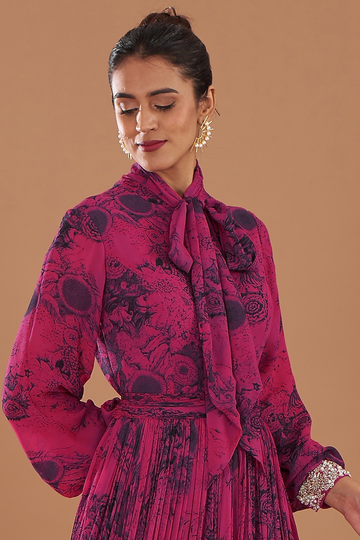 Fuchsia Georgette Printed Engagement Gown by Bhumika Sharma at Pernia's Pop Up Shop