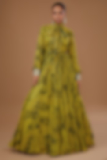 Mustard & Black Georgette Blossom Printed Gown by Bhumika Sharma