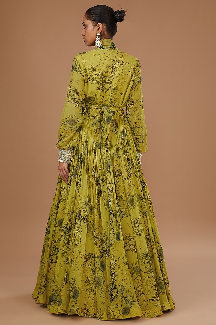 Mustard & Black Georgette Blossom Printed Engagement Gown by Bhumika Sharma at Pernia's Pop Up Shop