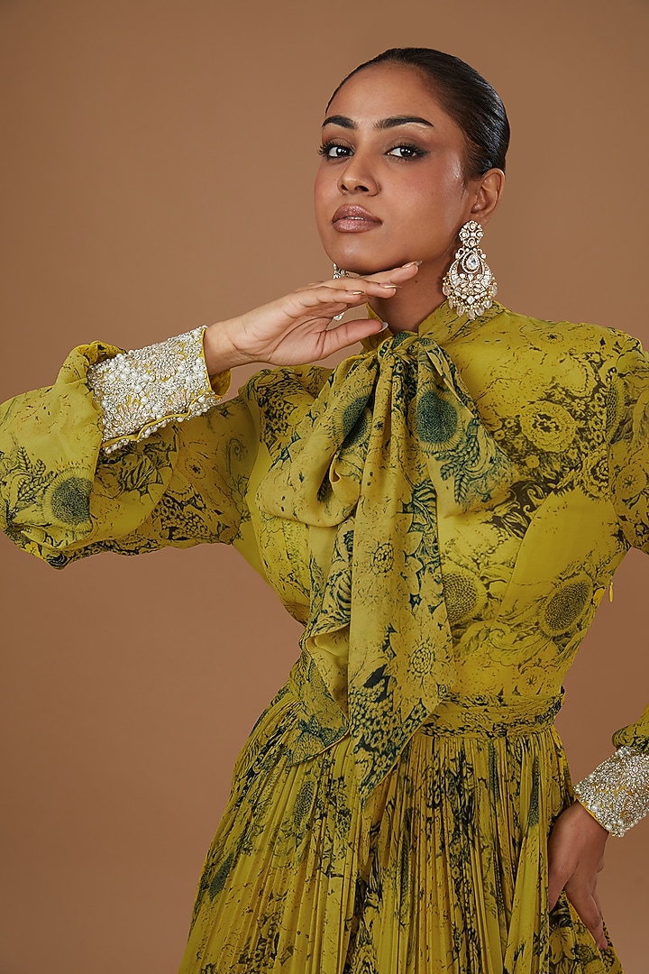 Mustard & Black Georgette Blossom Printed Engagement Gown by Bhumika Sharma at Pernia's Pop Up Shop