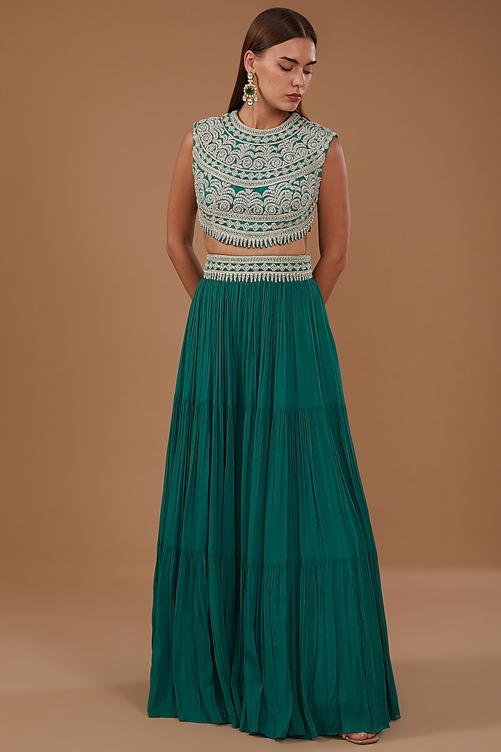 Teal Green Net Wedding Sharara Set by Bhumika Sharma at Pernia's Pop Up Shop