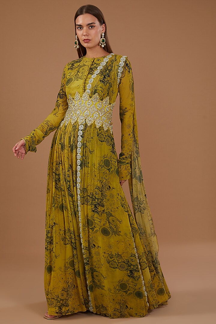 Yellow Georgette Printed Wedding Anarkali Set by Bhumika Sharma at Pernia's Pop Up Shop