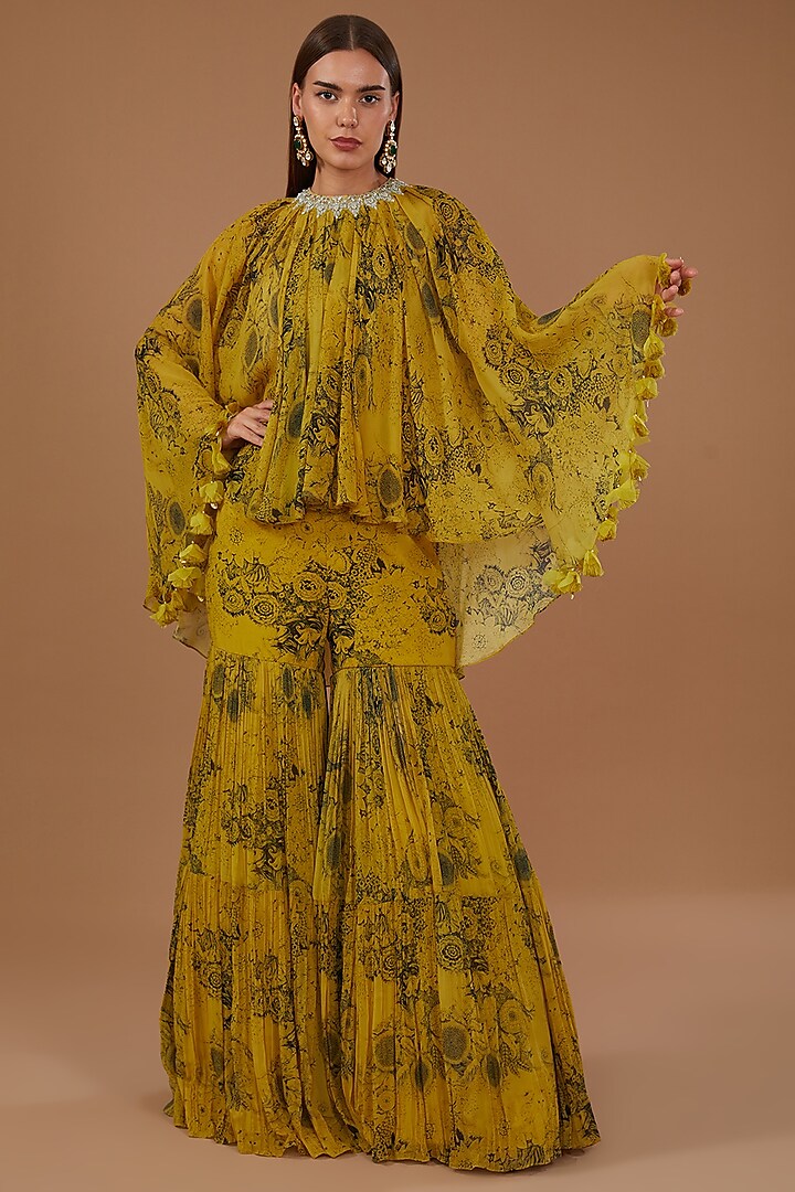 Yellow Georgette Printed Gharara Set by Bhumika Sharma
