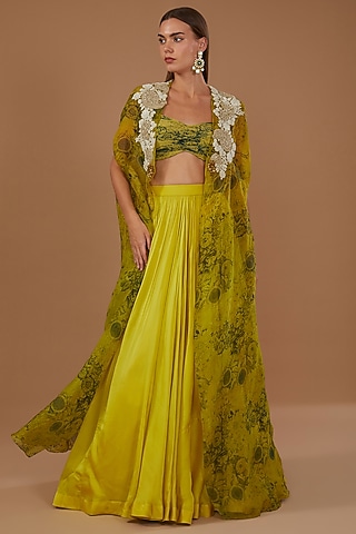 Mustard Yellow & Black Organza Printed Cape Set by Bhumika Sharma