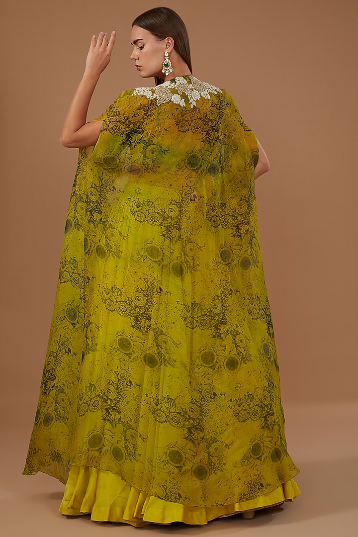 Mustard Yellow & Black Organza Printed Cape Set by Bhumika Sharma at Pernia's Pop Up Shop
