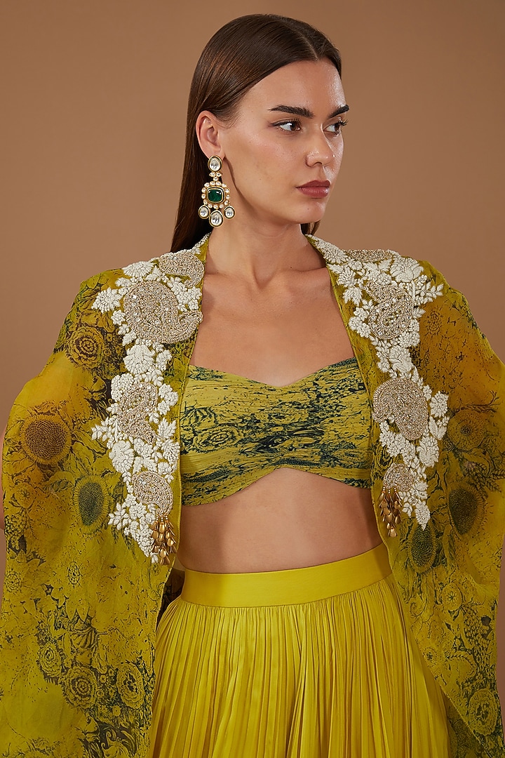 Mustard Yellow & Black Organza Printed Cape Set by Bhumika Sharma at Pernia's Pop Up Shop