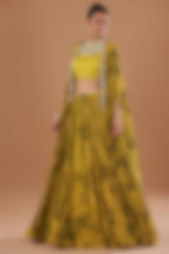 Mustard Georgette & Linen Satin Printed Skirt Set by Bhumika Sharma at Pernia's Pop Up Shop