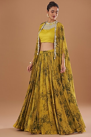 Mustard Georgette & Linen Satin Printed Skirt Set by Bhumika Sharma