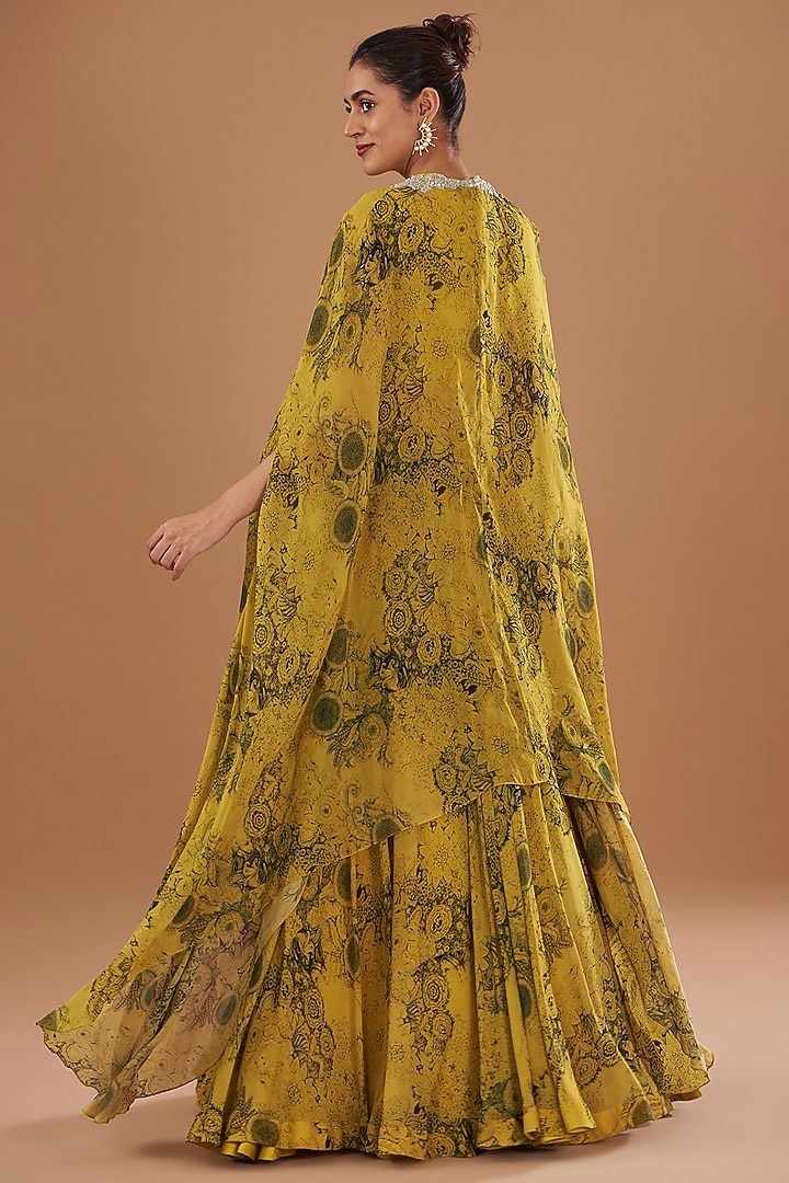 Mustard Georgette & Linen Satin Printed Skirt Set by Bhumika Sharma at Pernia's Pop Up Shop