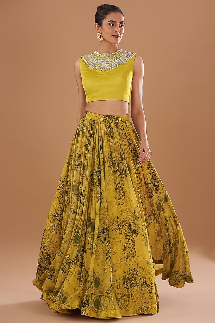 Mustard Georgette & Linen Satin Printed Skirt Set by Bhumika Sharma at Pernia's Pop Up Shop