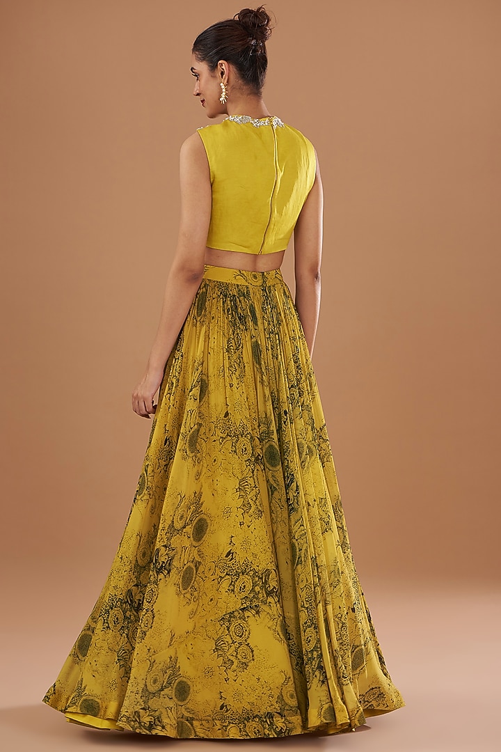 Mustard Georgette & Linen Satin Printed Skirt Set by Bhumika Sharma at Pernia's Pop Up Shop