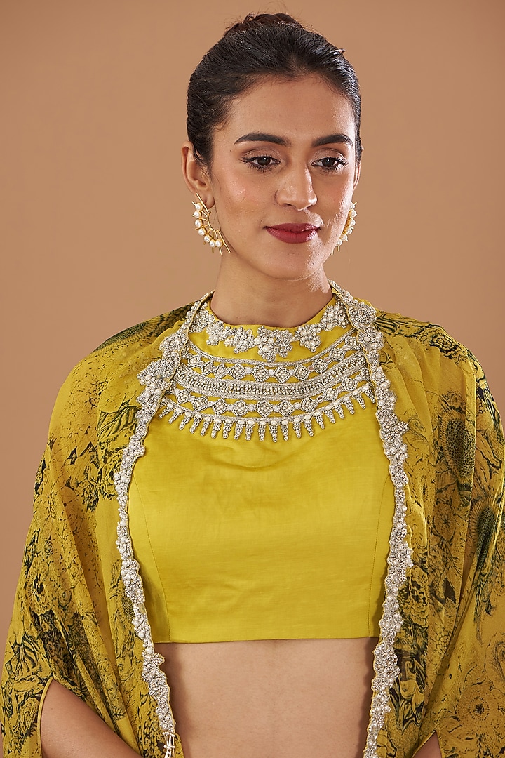 Mustard Georgette & Linen Satin Printed Skirt Set by Bhumika Sharma at Pernia's Pop Up Shop