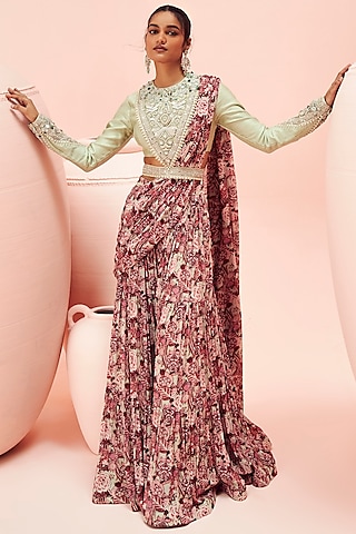 Pistachio Green Georgette & Chanderi Silk Floral Printed Palazzo Saree Set by Bhumika Sharma